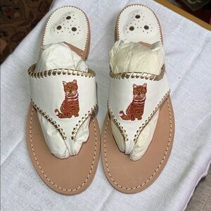 NWOT! Jack Rogers White and Tan Cat Embroidered Sandals
